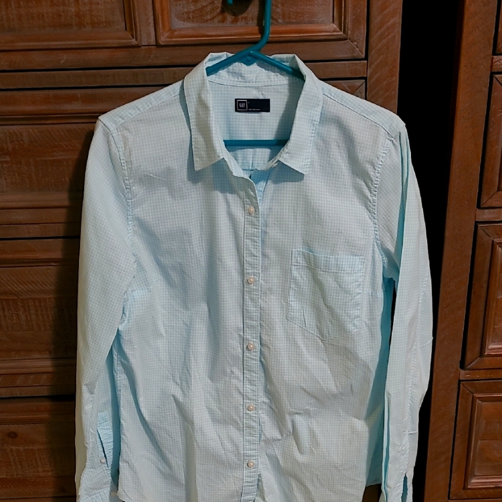 Ladies Light Aqua Checkered Shirt L/s